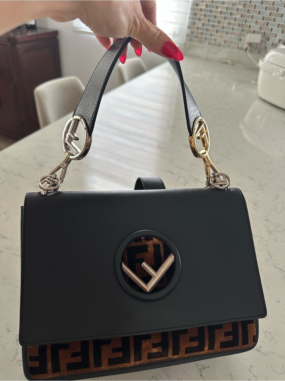 Authentic Fendi Black Top-Handle Bag with Brown Logo Panel